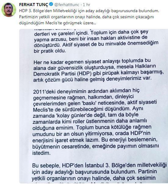 Ferhat Tunç, HDPden milletvekili aday adayı oldu