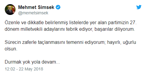 24 Haziran seçimlerinde aday gösterilmeyen Mehmet Şimşekten ilk açıklama