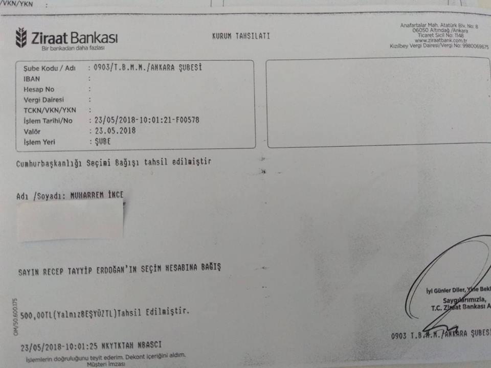 Muharrem İnceden Cumhurbaşkanı adaylarına 500er lira bağış