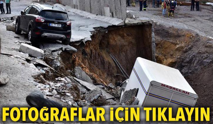 İstanbulda korku dolu anlar Duvar çöktü araçlar çukura düştü