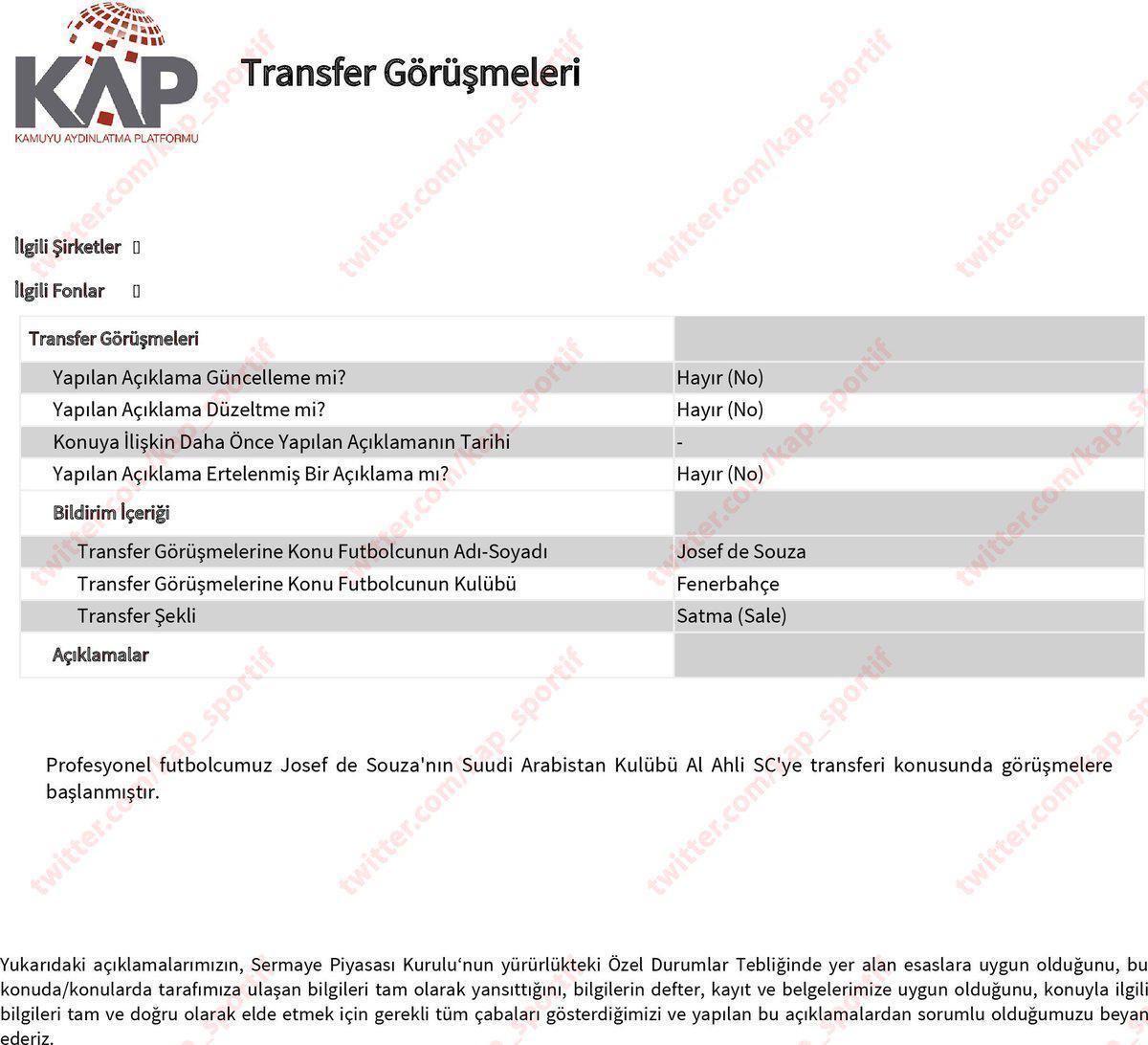 Fenerbahçe Souzayı KAPa bildirdi