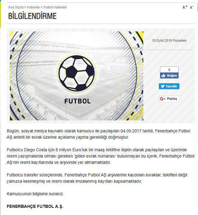 Fenerbahçeden Diego Costa açıklaması