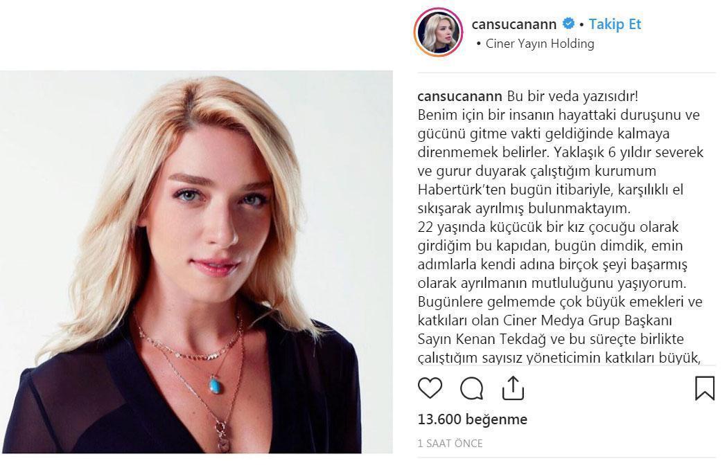 Cansu Canan Özgen Habertürk TVden ayrıldığını Instagram hesabından duyurdu