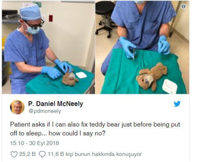 Doktor, minik hastasının oyuncak ayısını ameliyat etti