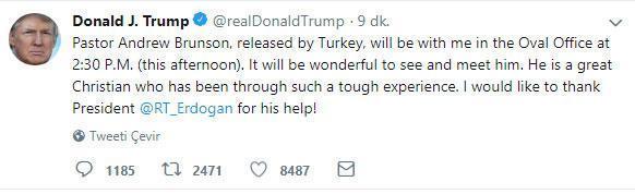 Trumptan Brunson açıklaması: Erdoğana teşekkür ediyorum