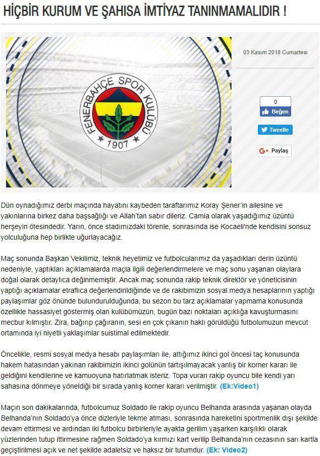Derbi sonrası Fenerbahçeden açıklama