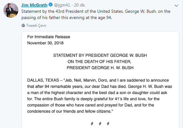 Son dakika: Eski ABD Başkanı H. W. Bush hayatını kaybetti