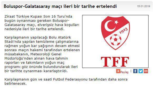 Boluspor Galatasaray maçı ertelendi