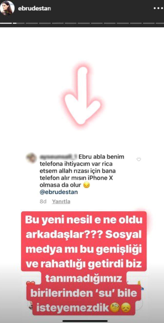 Ebru Destan kendisinden cep telefonu isteyen takipçisini ifşa etti