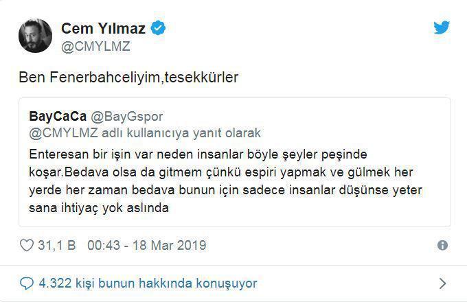 Cem Yılmazdan eleştiriye Fenerbahçeli yanıt