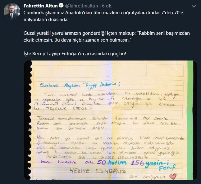 Fahrettin Altun, Cumhurbaşkanı Erdoğana gelen mektubu paylaştı