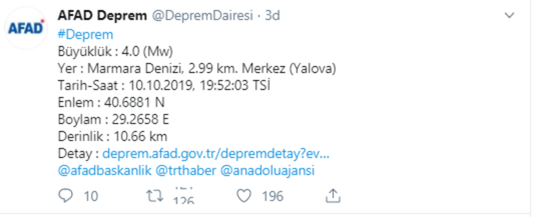 Marmara Denizinde 4,0 büyüklüğü deprem