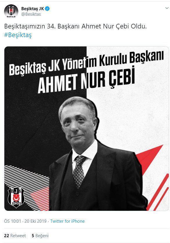 Beşiktaşın yeni başkanı Ahmet Nur Çebi oldu