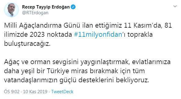 Cumhurbaşkanı Erdoğandan fidan dikme çağrısı
