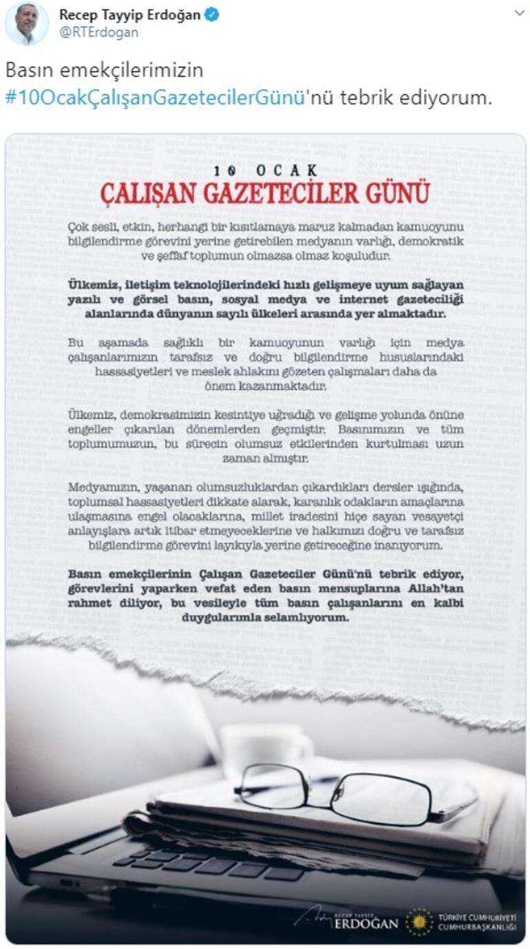 Erdoğandan 10 Ocak Çalışan Gazeteciler Gününe özel paylaşım