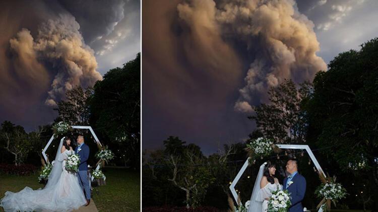 Düğünde şaşırtan kare Lav püskürten yanardağın önünde evlendiler
