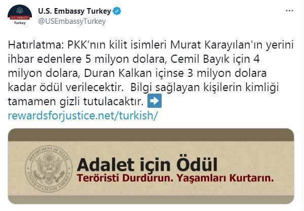 ABD Büyükelçiği böyle duyurdu: PKKlı bu 3 isimi ihbar edenlere…