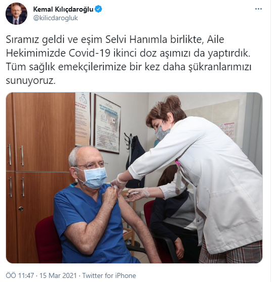 CHP lideri Kemal Kılıçdaroğlu koronavirüs aşısının ikinci dozunu oldu