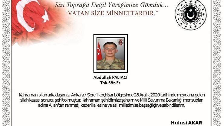 Ankarada silah kazası sonucu 1 asker şehit oldu