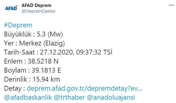 Elazığda 5.3 büyüklüğünde deprem oldu