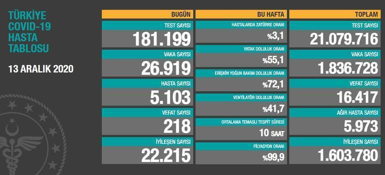 13 Aralık corona virüs tablosu