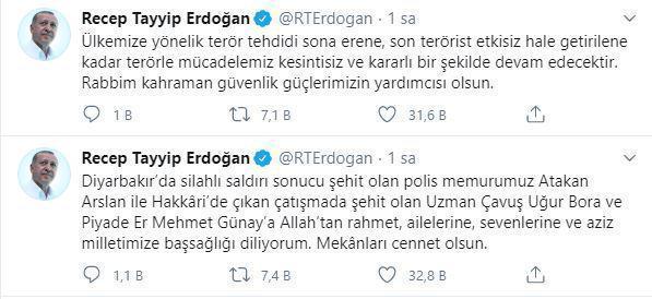 Cumhurbaşkanı Erdoğan’dan şehitler için başsağlığı mesajı