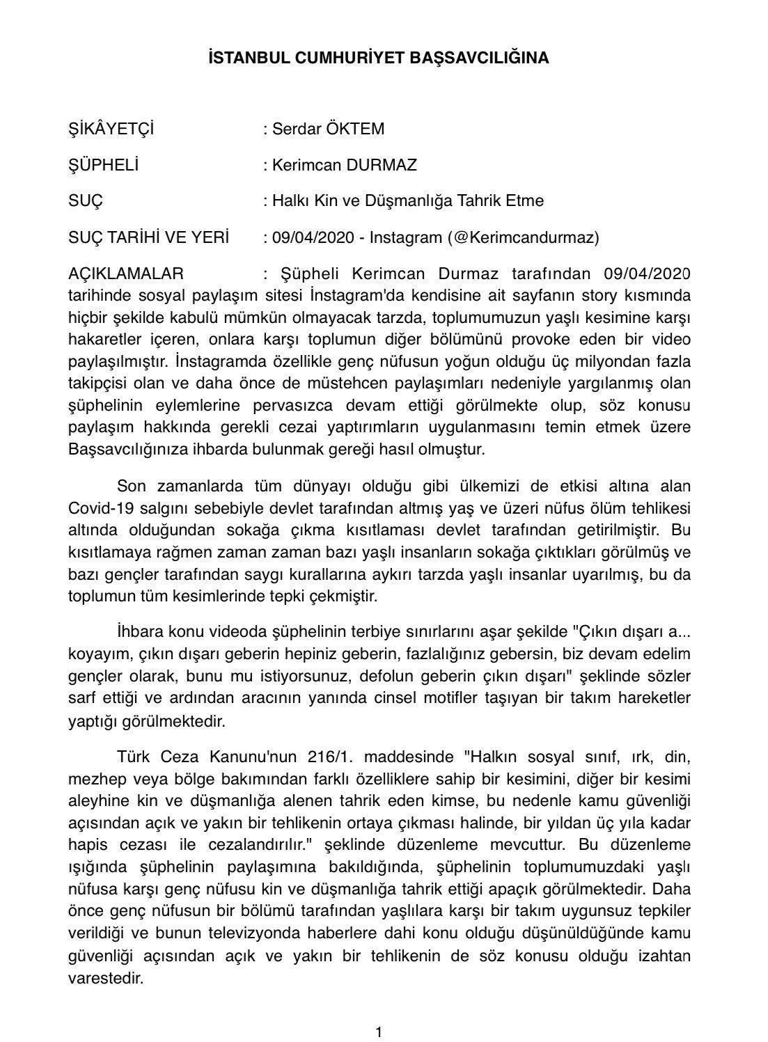 Kerimcan Durmaz hakkında suç duyurusu