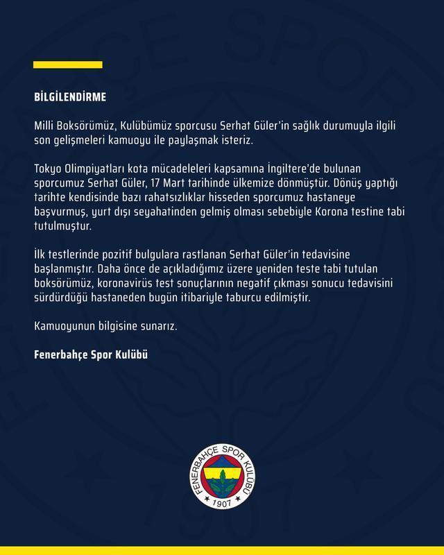 Fenerbahçeden Serhat Güler açıklaması: Corona virüs testi sonucu çıktı