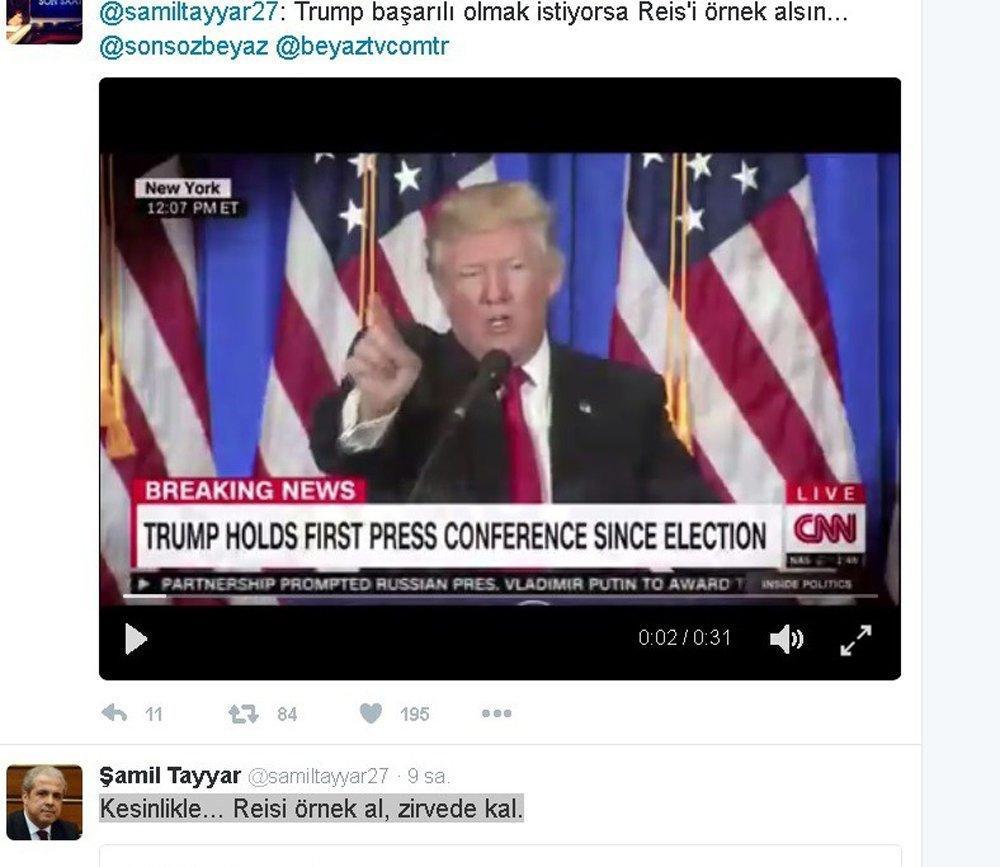 Ak Partili Şamil Tayyar, Trump’a seslendi: Reisi örnek al