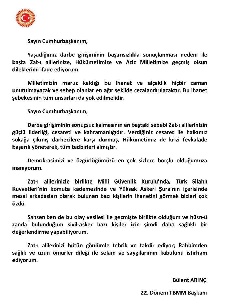 Bülent Arınç, Cumhurbaşkanı Erdoğana gönderdiği mektubu paylaştı