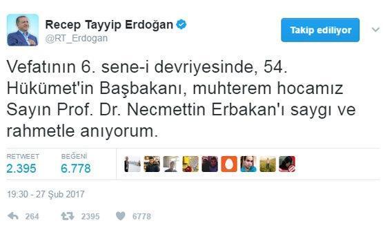 Cumhurbaşkanı Erdoğandan Erbakanı anma mesajı