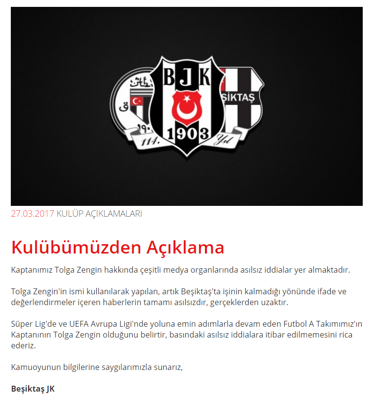 Beşiktaştan Tolga Zengin açıklaması