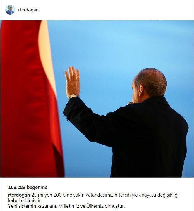 Erdoğandan referandum sonrası ilk instagram paylaşımı