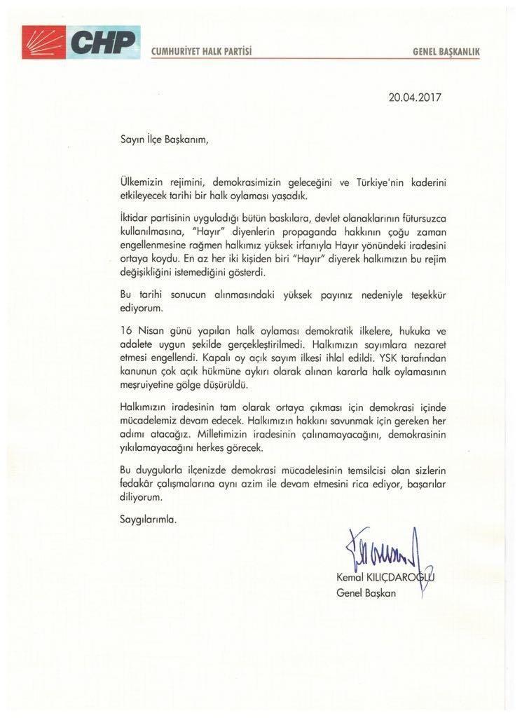 CHP lideri Kılıçdaroğlundan  il ve ilçe başkanlarına mektup