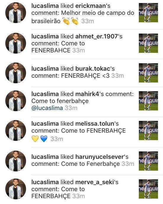 Lucas Lima, Fenerbahçe taraftarının mesajlarını beğeniyor
