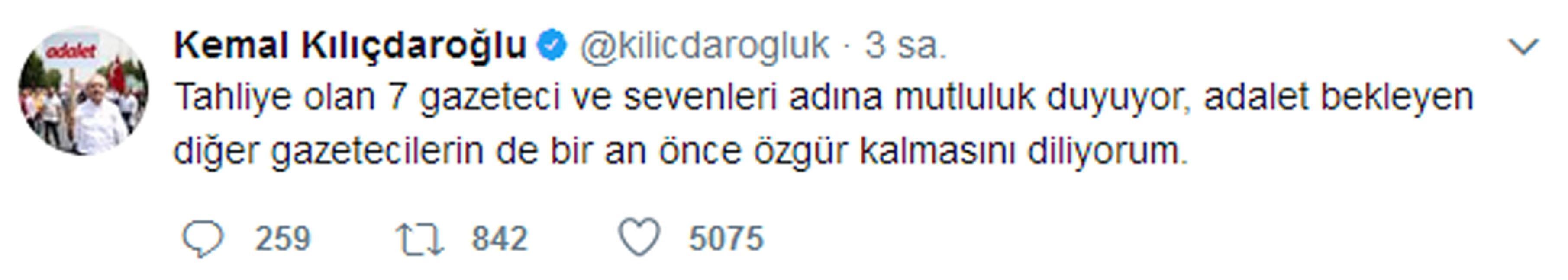 Kılıçdaroğlundan Cumhuriyet Gazetesi davasındaki tahliyelerle ilgili açıklama
