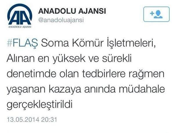 Anadolu Ajansından tepki çeken Soma tweeti