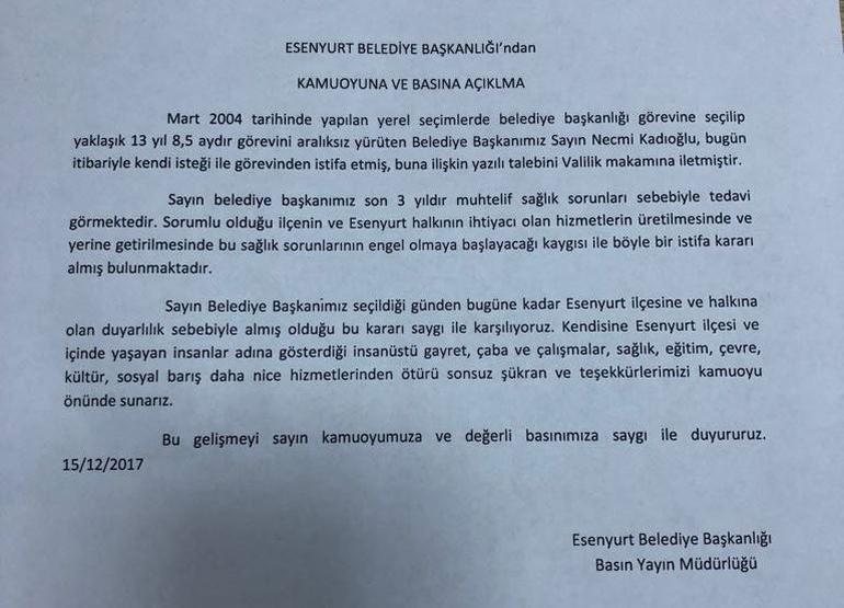 Esenyurt Belediye Başkanı Necmi Kadıoğlu görevinden istifa etti