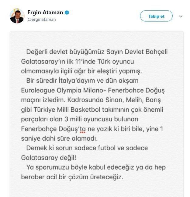 Ergin Atamandan Devlet Bahçeliye Galatasaray yanıtı