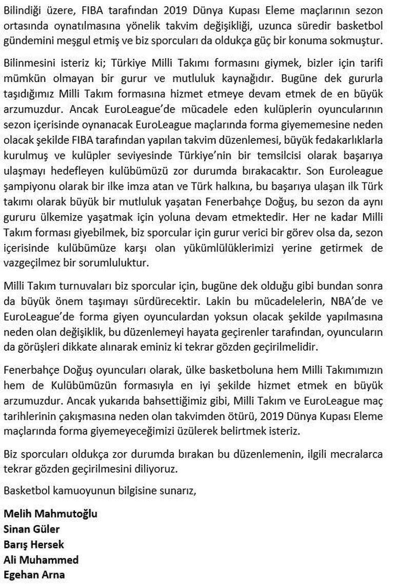 Fenerbahçeli oyunculardan milli takım kararı