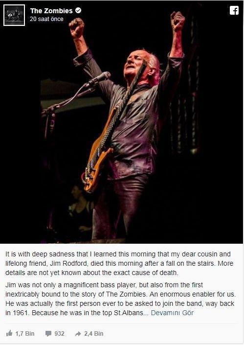 The Kinks ve The Zombiesin bas gitaristi Jim Rodford merdivenlerden düşerek öldü