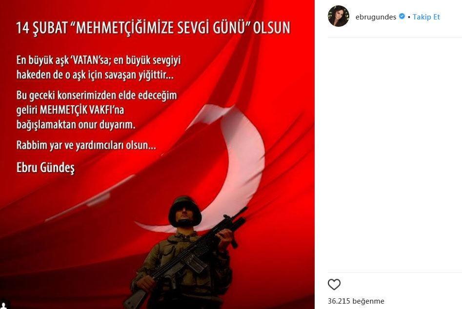 Ebru Gündeş, Sevgililer Gününde vereceği konserin gelirini Mehmetçike bağışlayacak