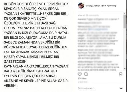 Ercan Yazganın kızı olduğu iddia edilen Billur Yazgandan açıklama