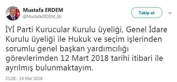 Mustafa Erdem İYİ Partiden istifa etti