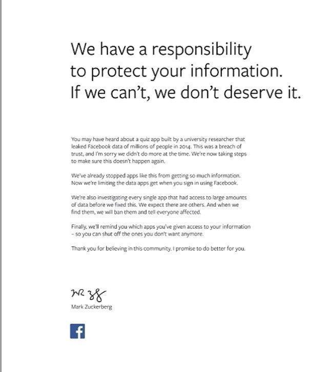 Mark Zuckerberg tam sayfa özür diledi