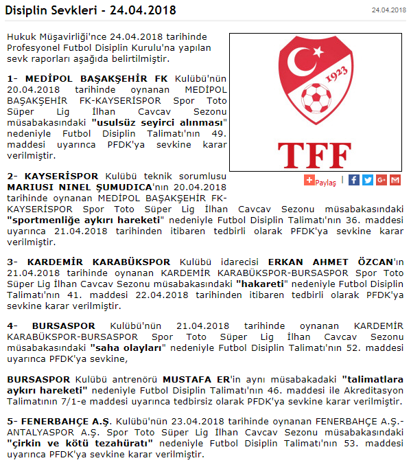 Fenerbahçe PFDKya sevk edildi