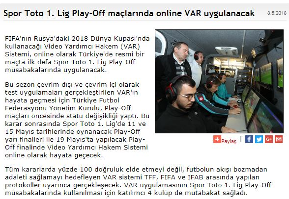 Spor Toto 1. Lig Play-Off maçlarında VAR uygulanacak