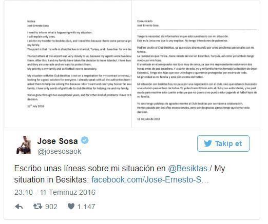 Jose Sosadan açıklama Beşiktaştan ayrılıyor...