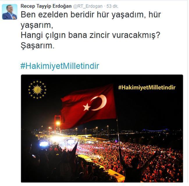 Cumhurbaşkanı Erdoğandan Hakimiyet milletindir paylaşımı