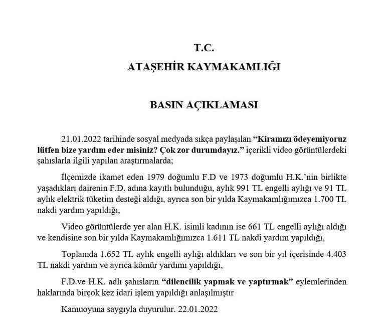 Ataşehirde kira yardımı isteyen çift sosyal medyada gündem olmuştu Kaymakamlık açıklama yaptı